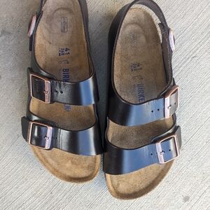 Birkenstock Kids Brown Two-Strap Adjustable Sandals with Copper Buckles